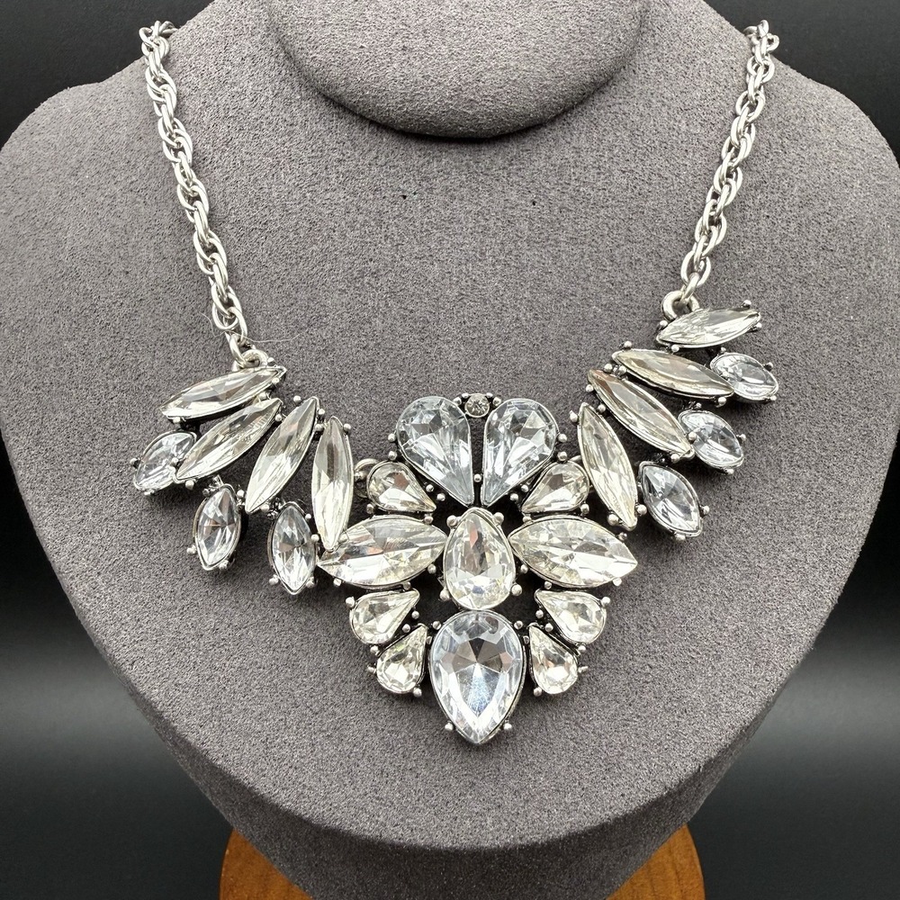 Vintage Ann Taylor Silver Tone Crystal Rhinestone Marquise Statement Necklace
